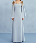 Light Blue Cold Shoulder Gold Sequin Flared Sleeve Column Maxi Evening Gown