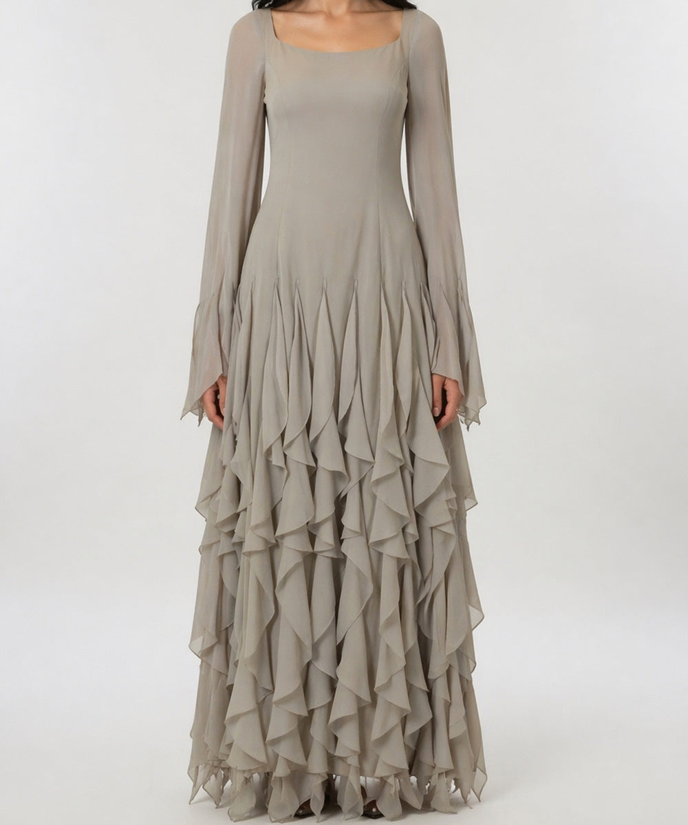 Taupe Square Neck Bell Sleeve Tiered Ruffle Chiffon Maxi Dress