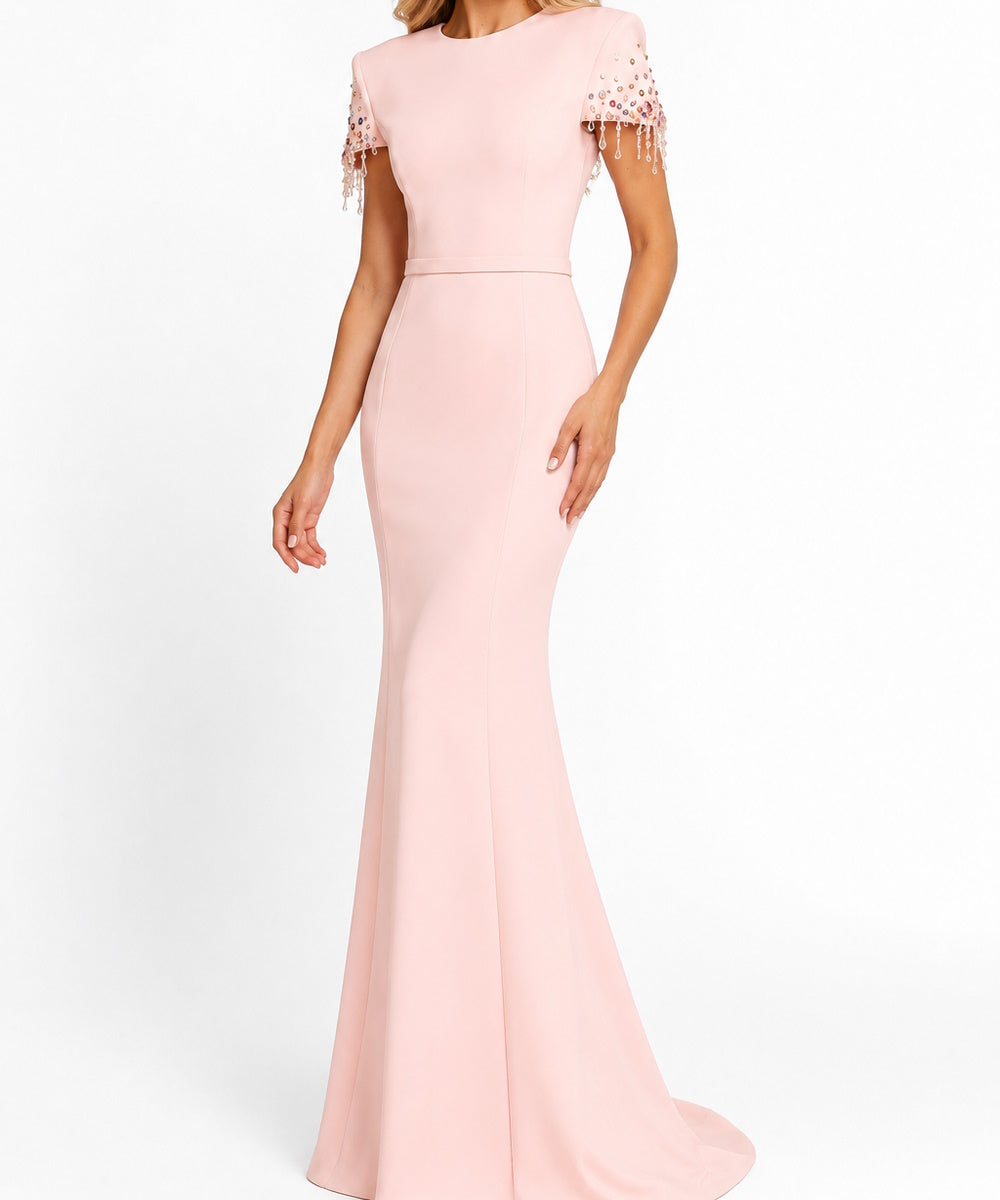 Blush Pink Crystal Tassel Short Sleeve Mermaid Train Evening Gown