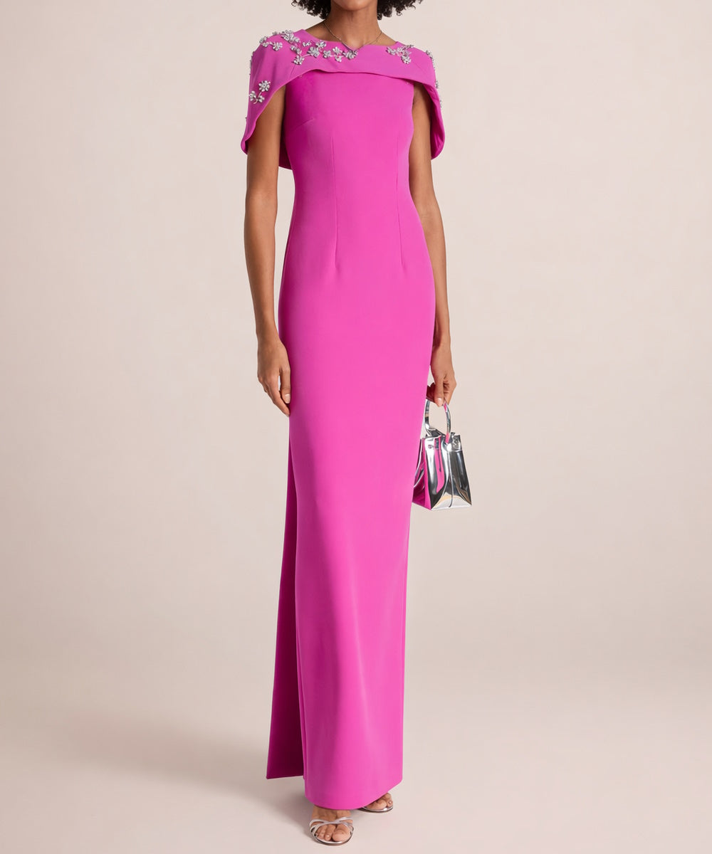 Off Shoulder Crystal Flower Embellished Crepe Formal Maxi Dress