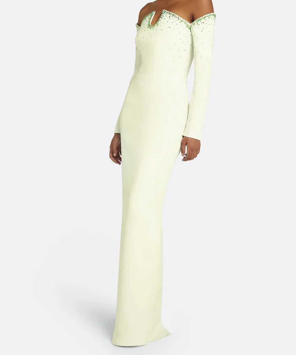 Pale Lime Off Shoulder Notch V Long Sleeve Green Crystal Column Maxi Gown