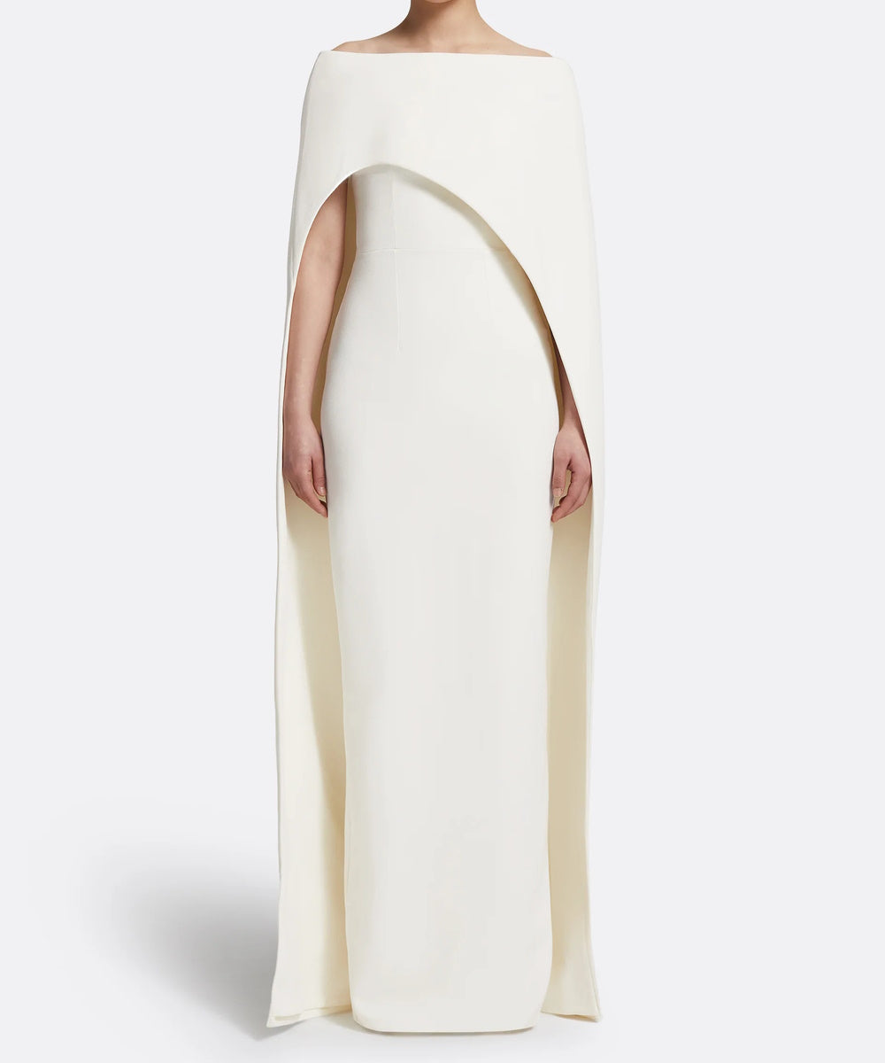 Off-Shoulder Ivory Cape Sleeve Column Crepe Evening Gown