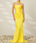 Bright Yellow Strapless Ruched Satin Mermaid Evening Gown