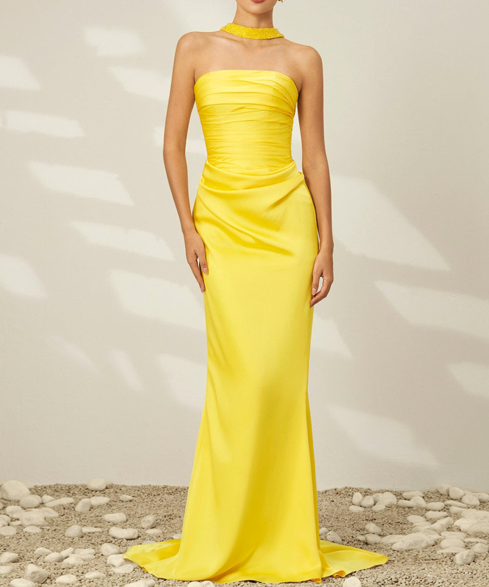 Bright Yellow Strapless Ruched Satin Mermaid Evening Gown