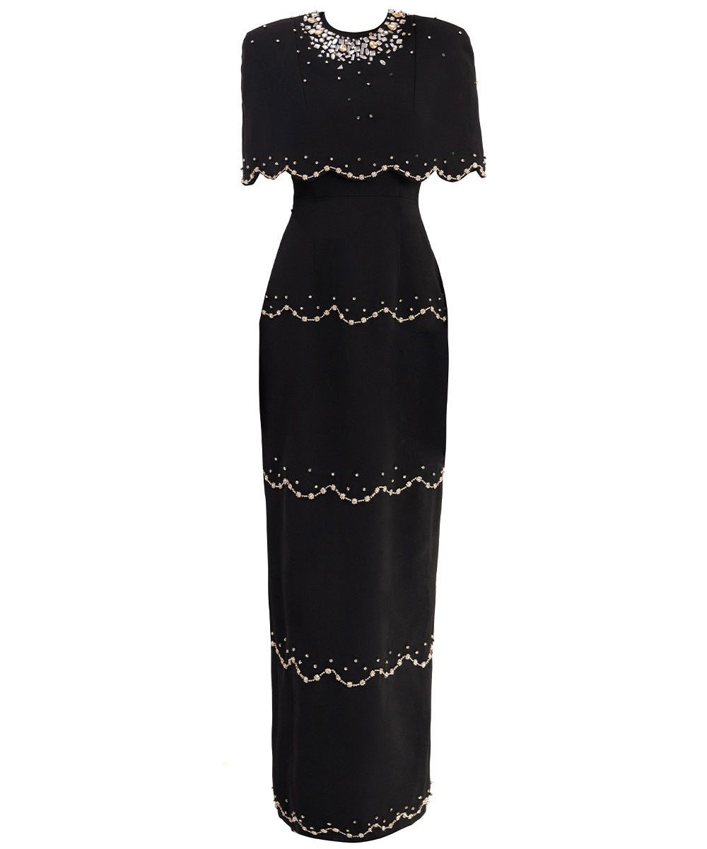 Black Cape Sleeve Beaded Column Maxi Evening Gown
