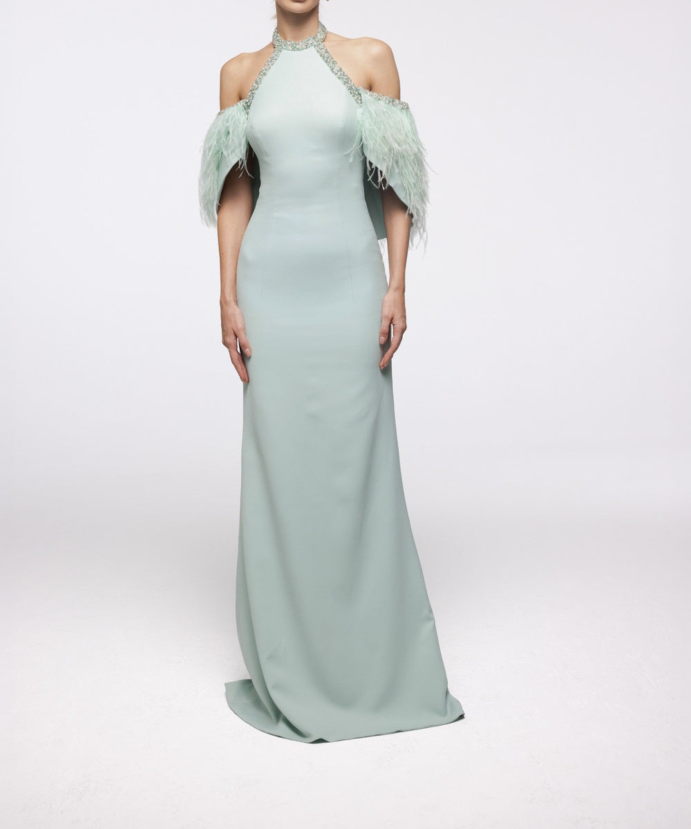 Mint Green Halter Off Shoulder Feather Beaded Mermaid Evening Gown