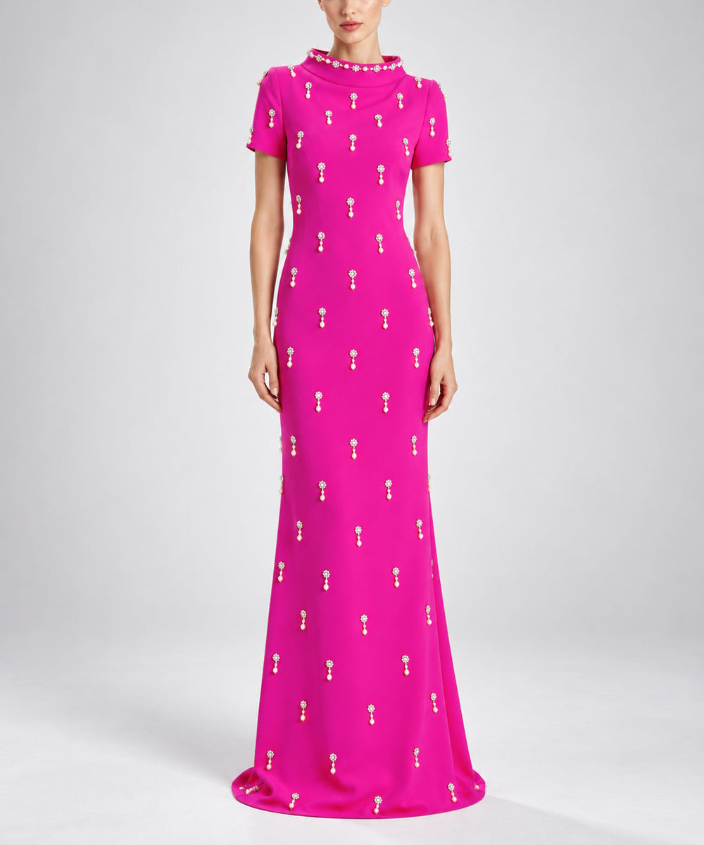 Fuchsia High Neck Short Sleeve Mermaid Gown With Pearl & Crystal Beading