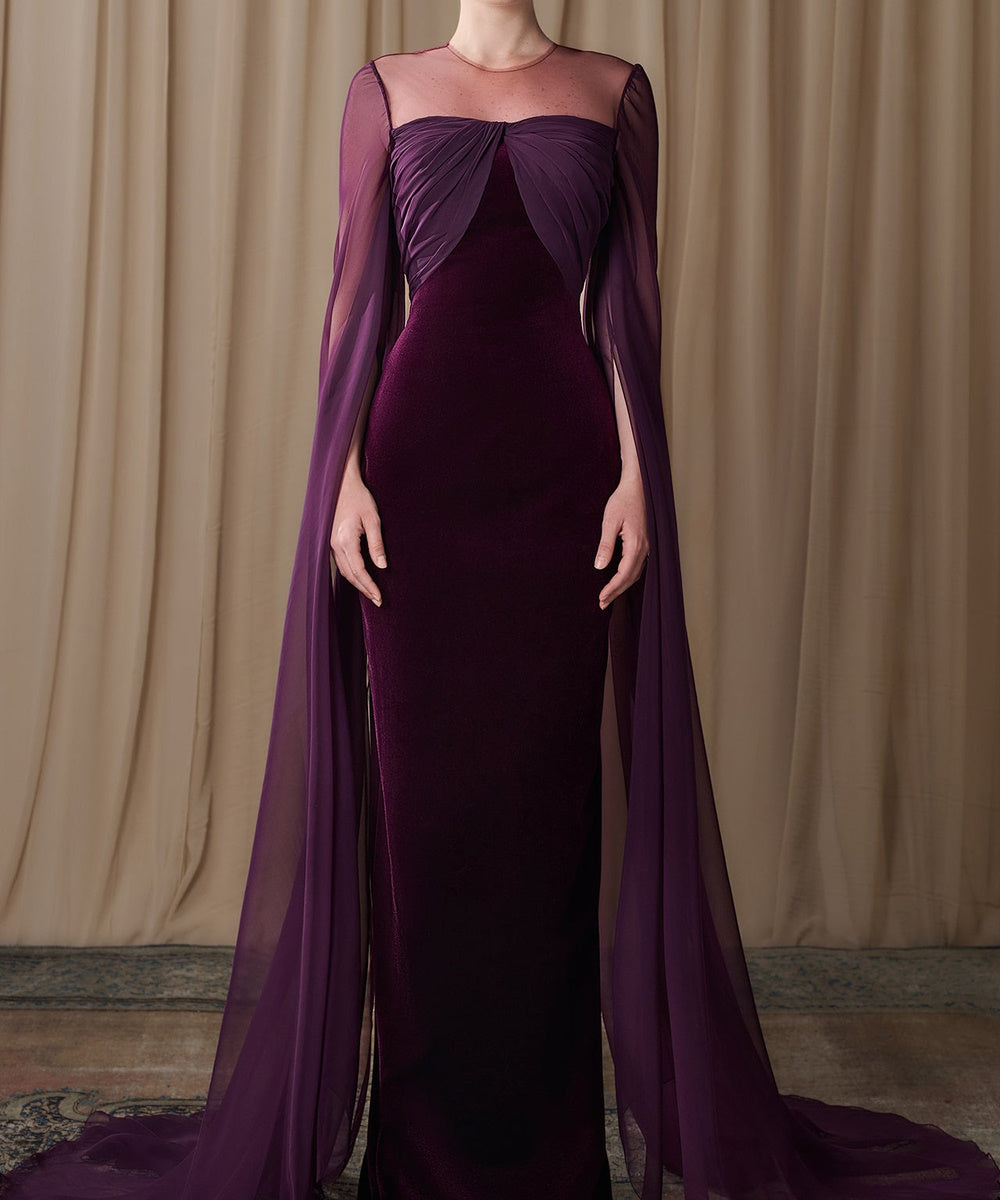 Dark Purple Velvet Mermaid Evening Gown With Flowing Chiffon Cape Sleeves