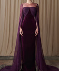 Dark Purple Velvet Mermaid Evening Gown With Flowing Chiffon Cape Sleeves