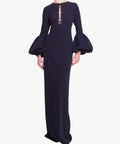 Navy Beaded Keyhole Column Gown With Puff Balloon Long Sleeves