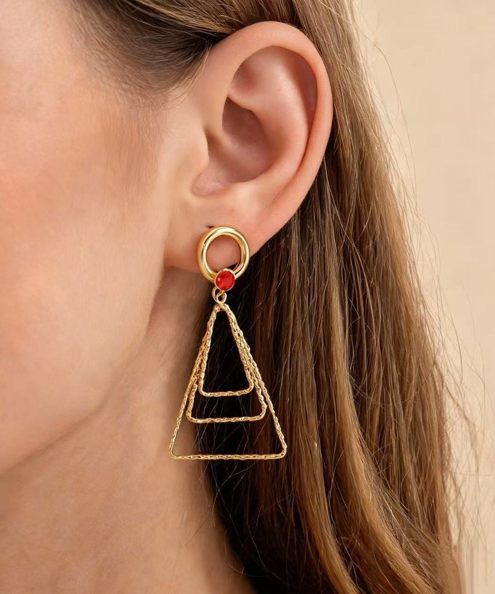 Multi Color Crystal Hammered Layer Triangle Geometric Gold Drop Earrings