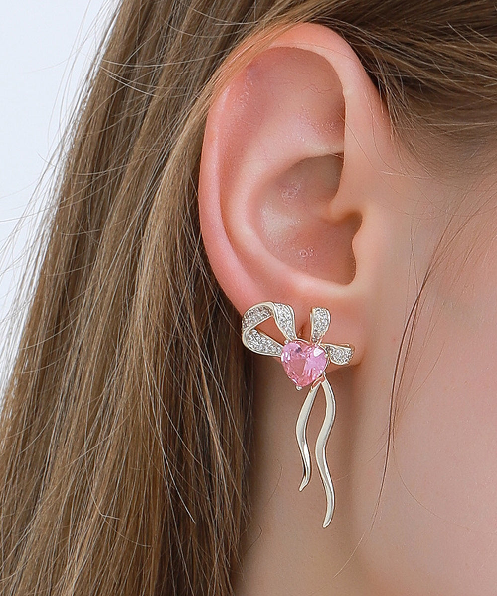 Pink Heart Crystal Pave Bow Wavy Ribbon Drop Dangle Earrings 2 Tone Gold Silver