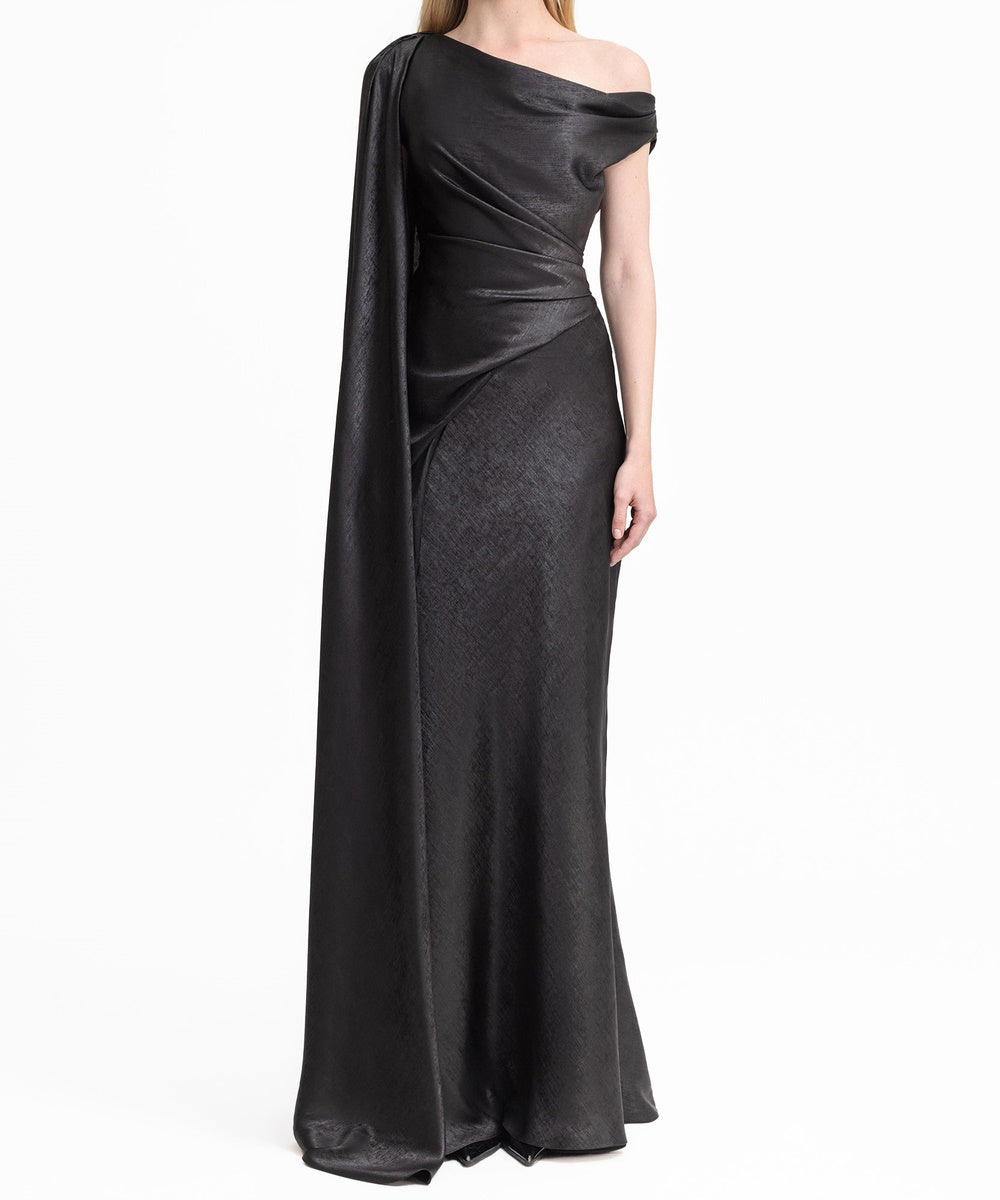 Black Metallic Satin Asymmetric Off Shoulder Mermaid Gown with Cape Drape
