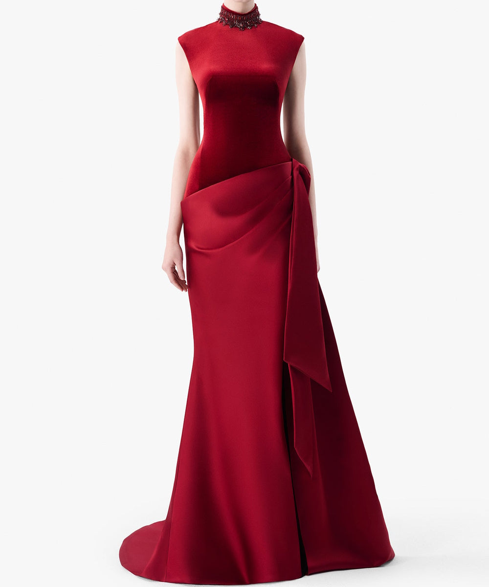 Burgundy Velvet Satin High Neck Beaded Mermaid Evening Gown With Side Bow Draping