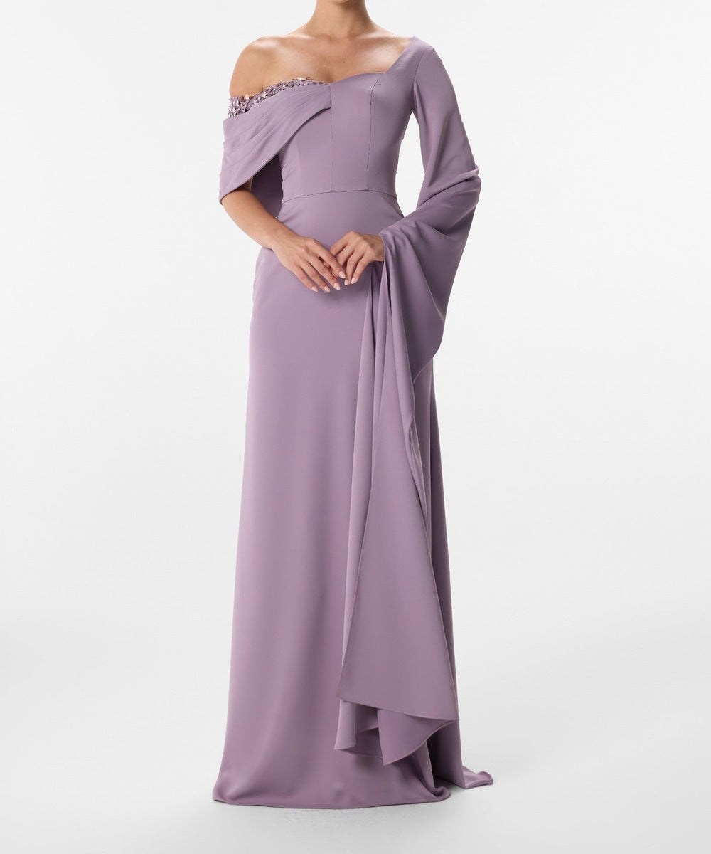 Dusty Lavender Asymmetric Off Shoulder Sequin Trim Flared Sleeve Mermaid Evening Gown