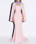 Blush Pink Crystal Embellished High Neck Short Cape Overlay Mermaid Evening Gown
