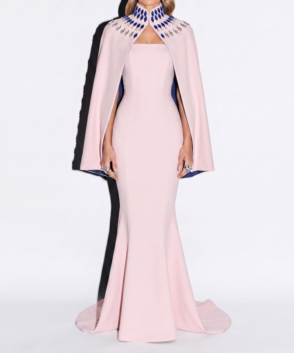 Blush Pink Crystal Embellished High Neck Short Cape Overlay Mermaid Evening Gown