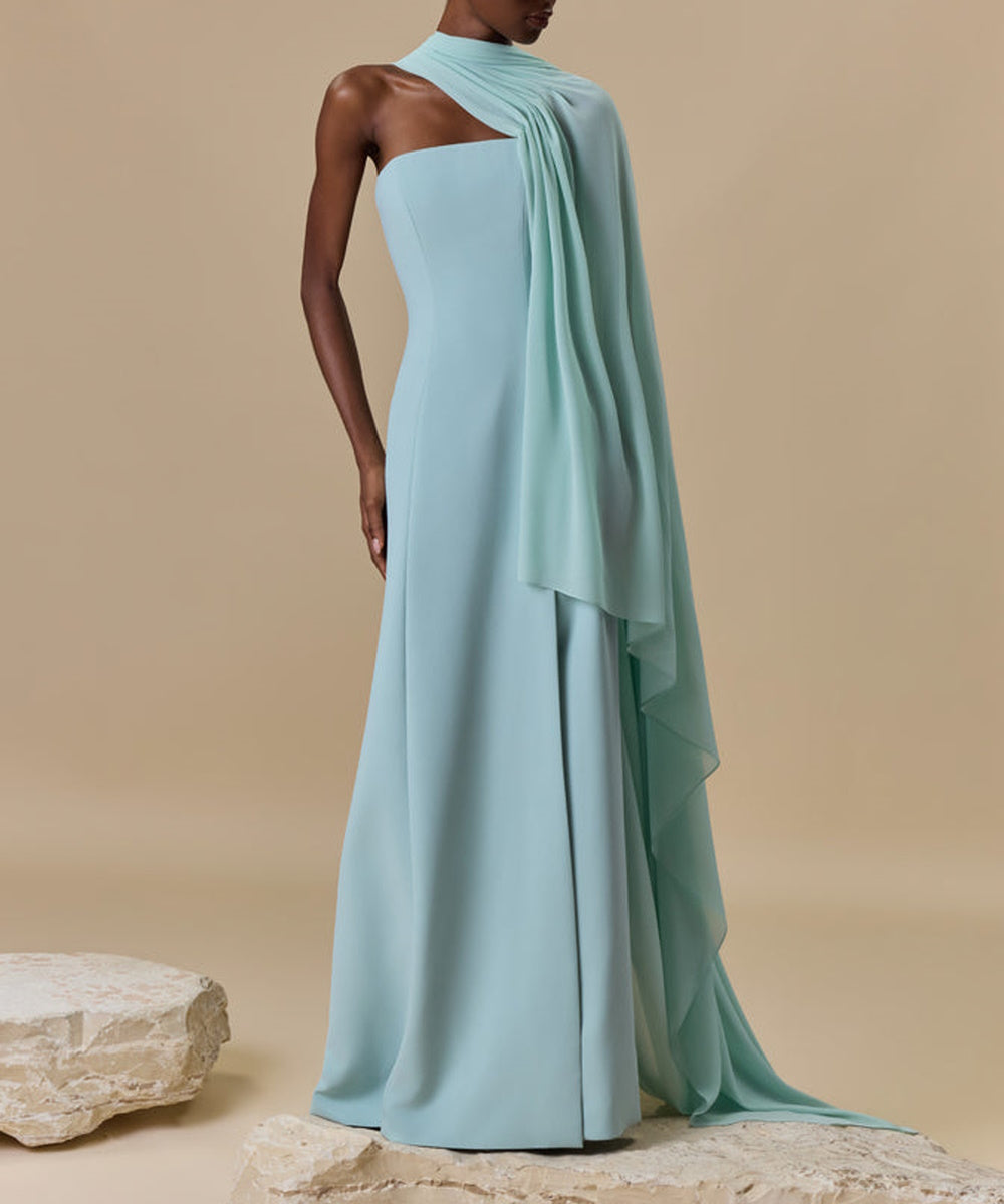 Strapless Draped Cape Sleeve Crepe Evening Gown
