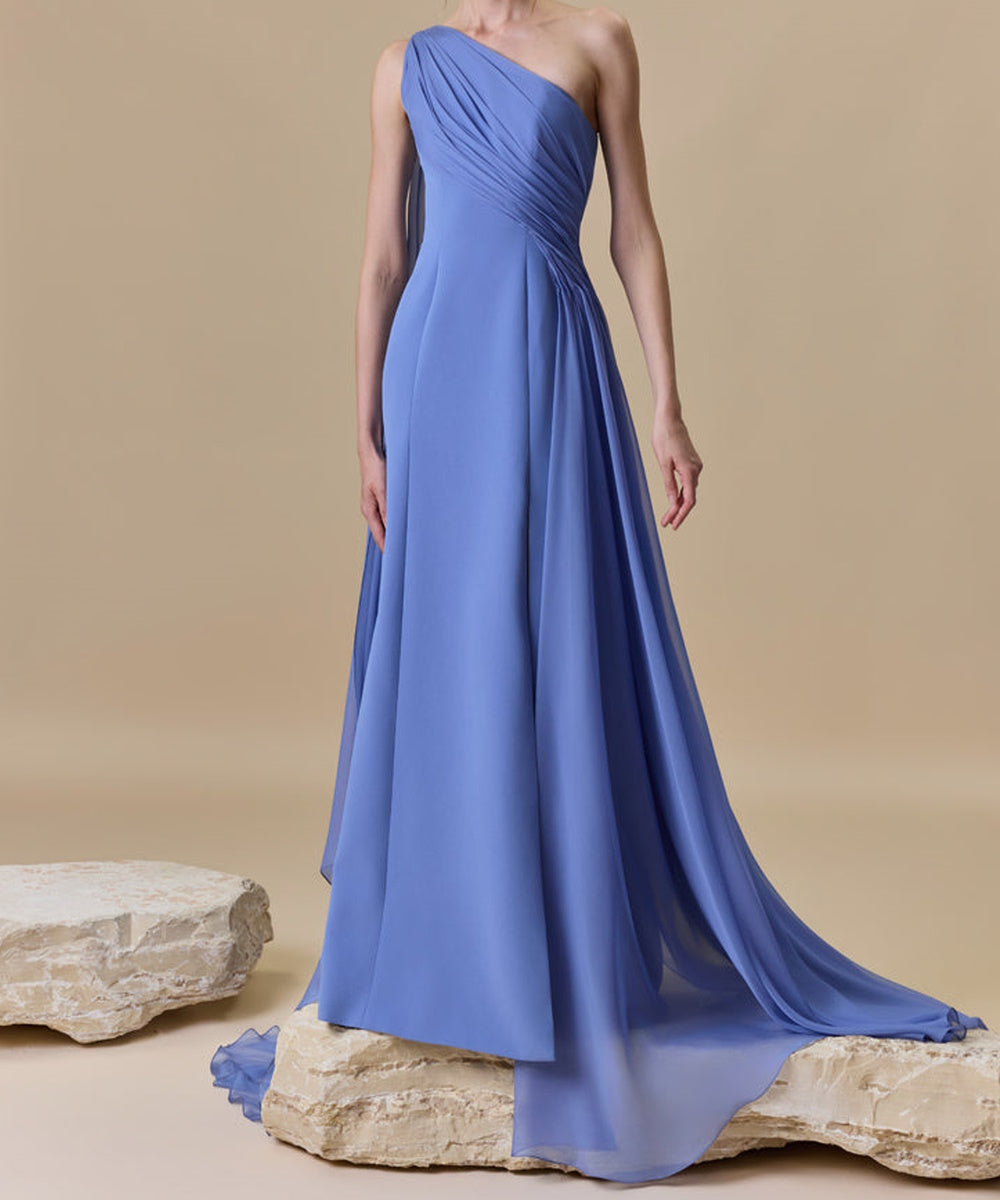 One Shoulder Draped Chiffon A-Line Evening Gown
