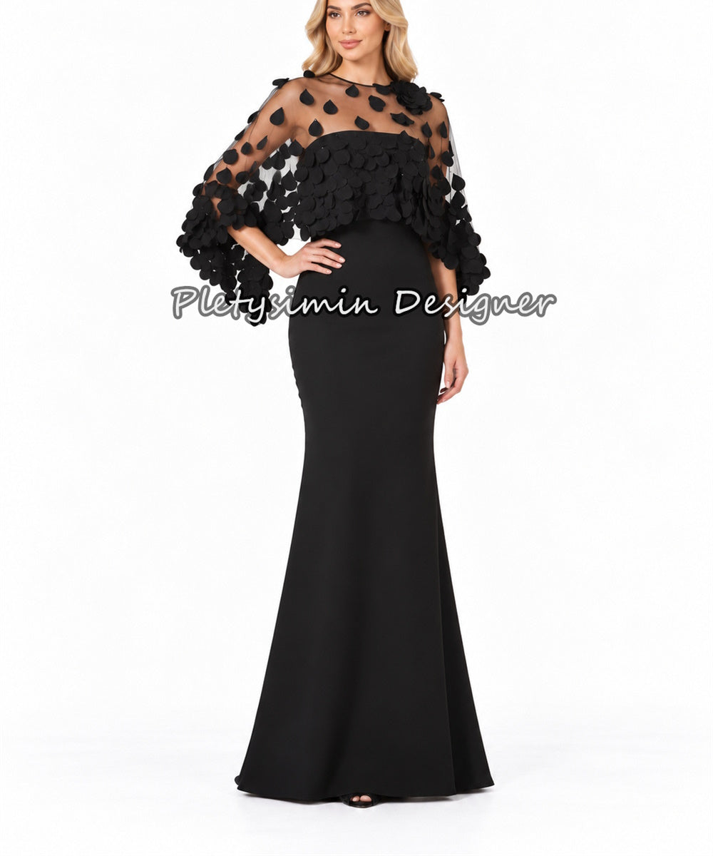 Black Mermaid Evening Gown With 3D Petal Mesh Cape Sleeve