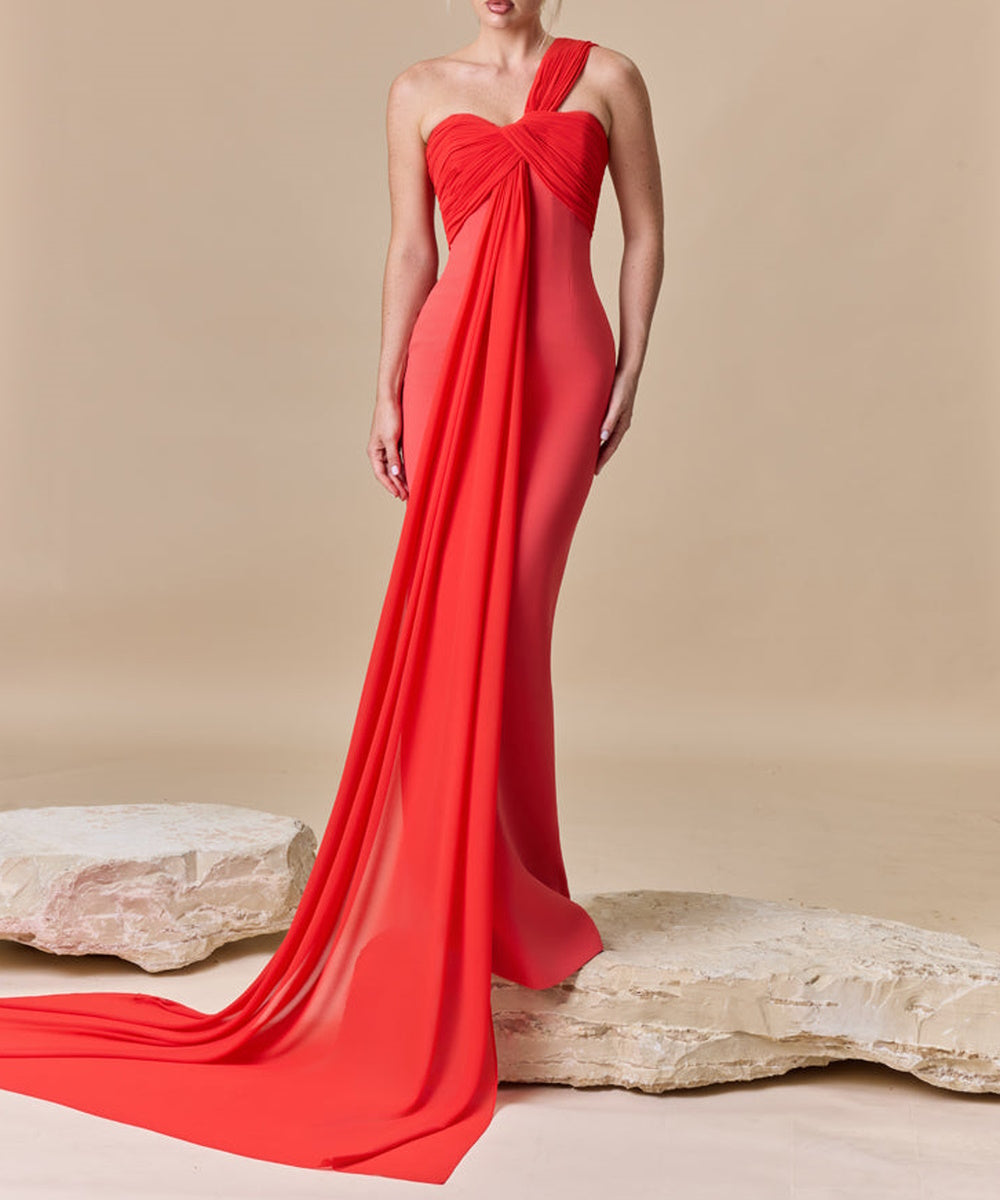 One Shoulder Red Mermaid Evening Gown With Draped Chiffon Train