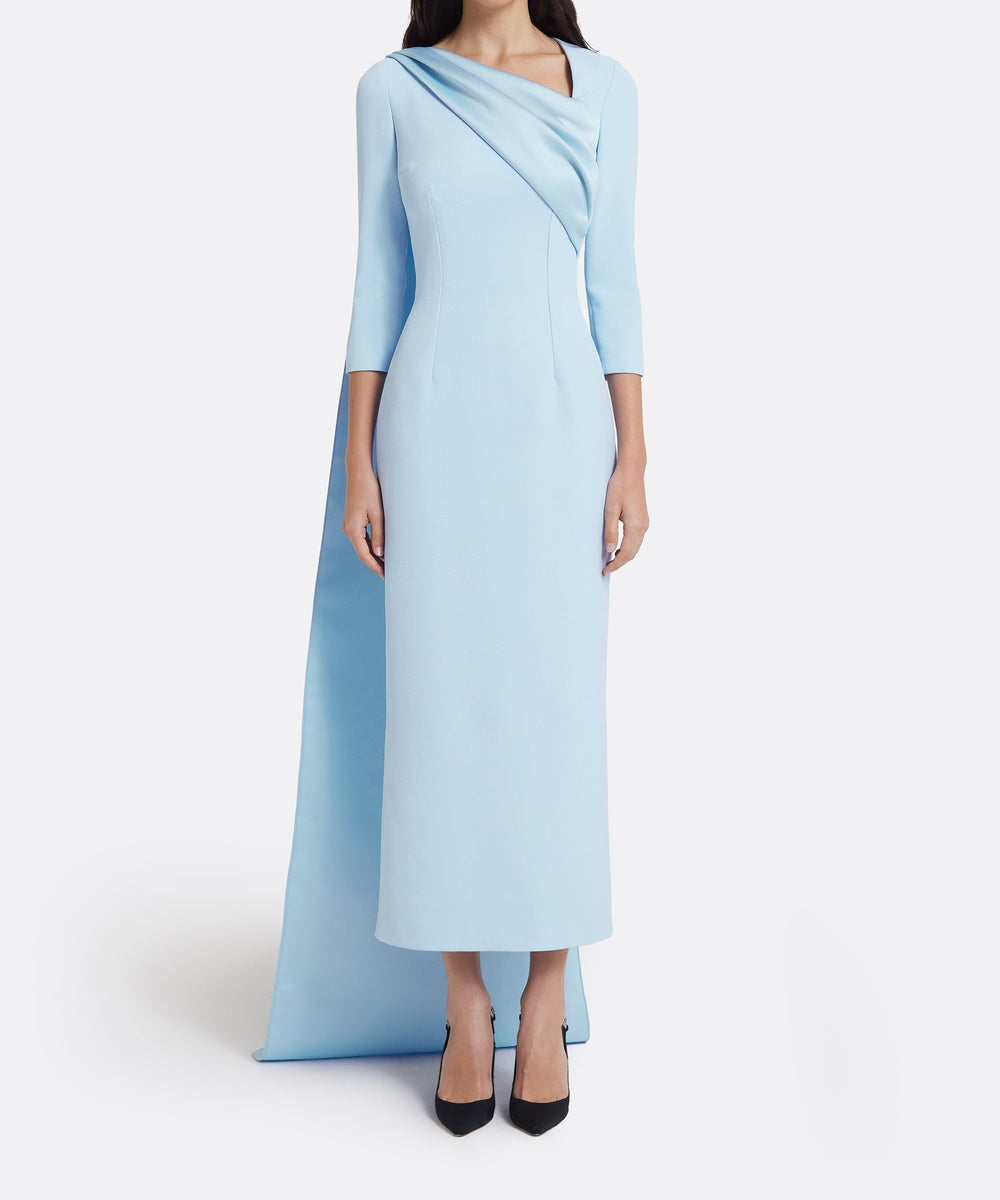 Light Blue Draped Asymmetric Neck Midi Sheath Gown With Back Satin Cape Train