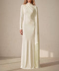 Cream High Neck Asymmetric Draped Fringe Cape Sleeve Mermaid Maxi Evening Gown