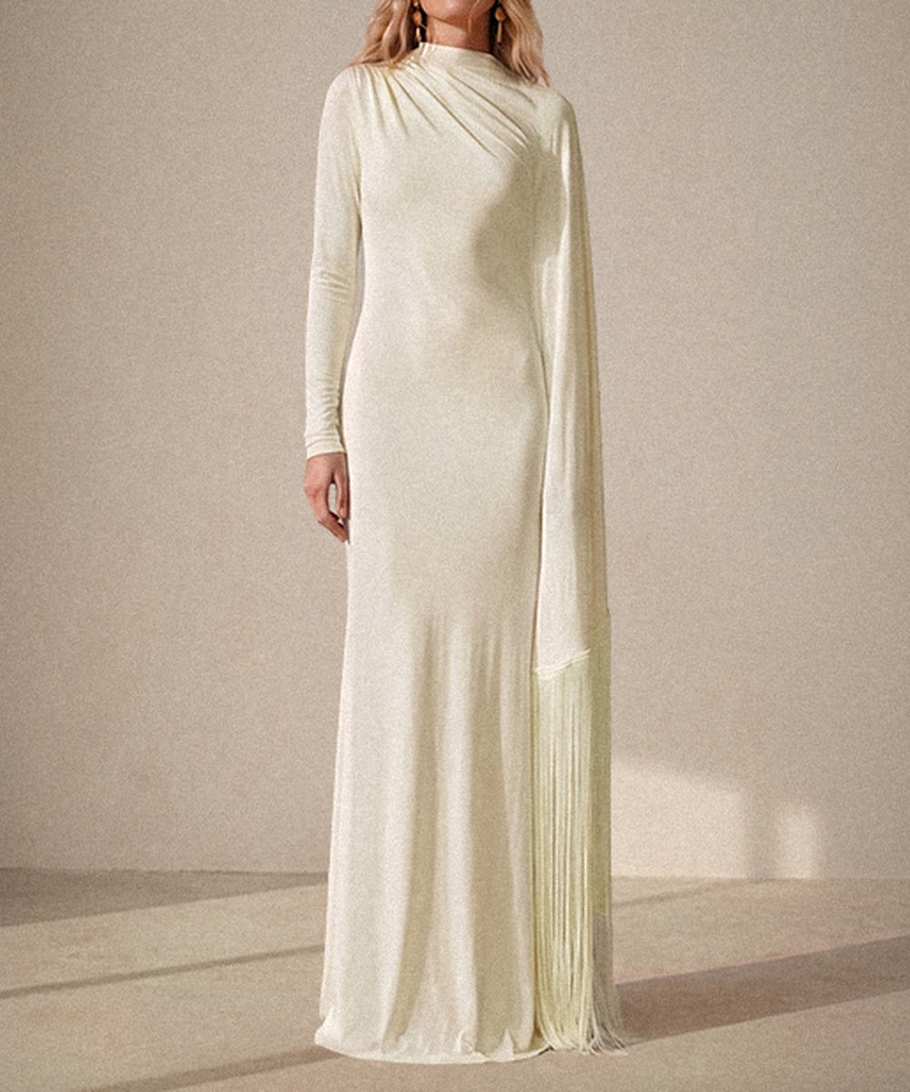 Cream High Neck Asymmetric Draped Fringe Cape Sleeve Mermaid Maxi Evening Gown
