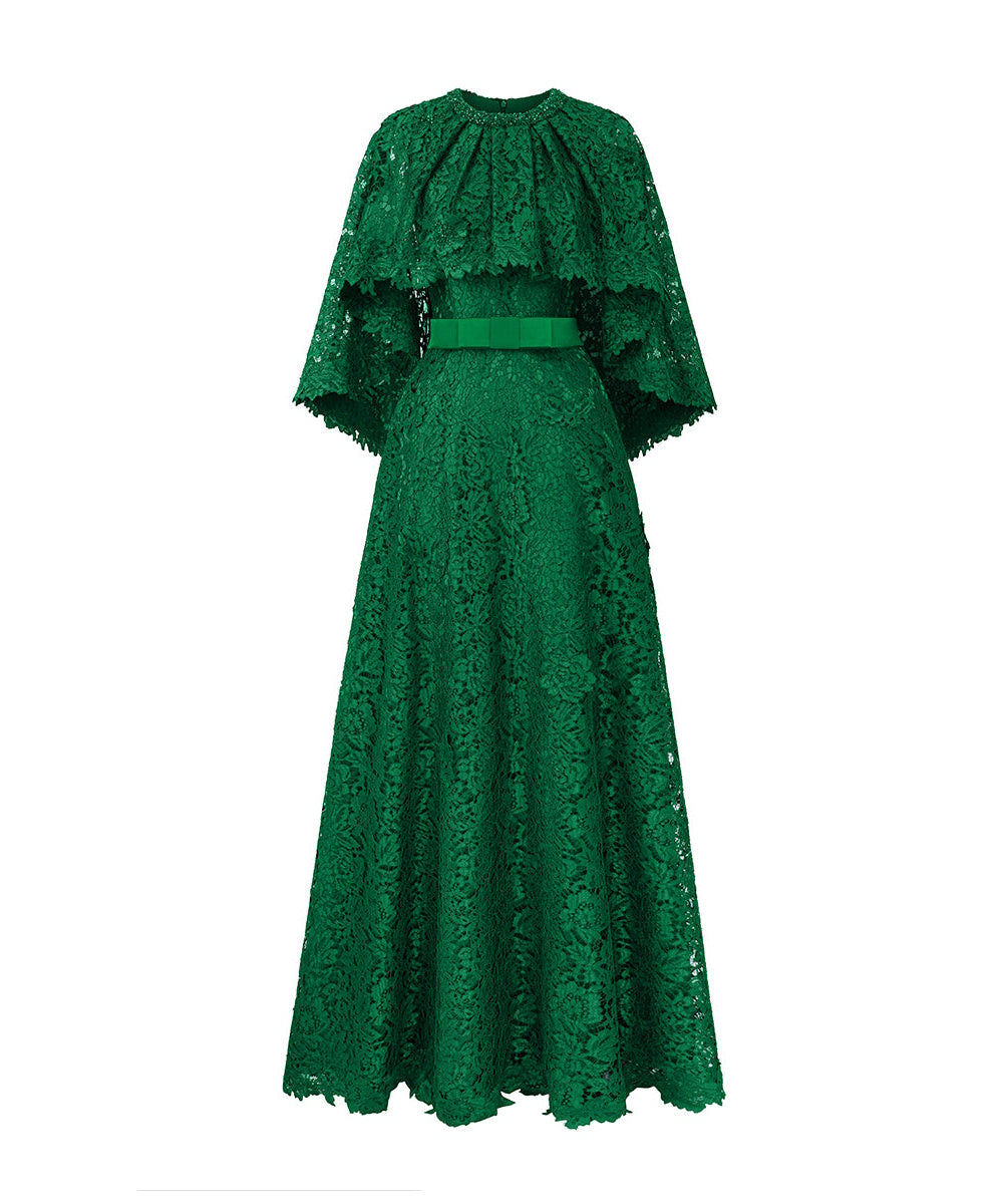 Emerald Green Lace Cape Maxi Formal Evening Gown With Belt