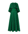 Emerald Green Lace Cape Maxi Formal Evening Gown With Belt