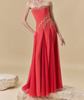 Strapless Sweetheart Red Chiffon Evening Gown With Gold Beading