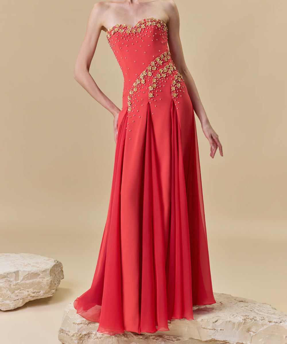Strapless Sweetheart Red Chiffon Evening Gown With Gold Beading