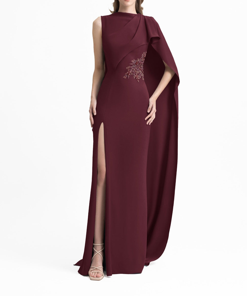 Burgundy High Neck Cape Sleeve Mermaid Evening Gown with Beaded Embroidery