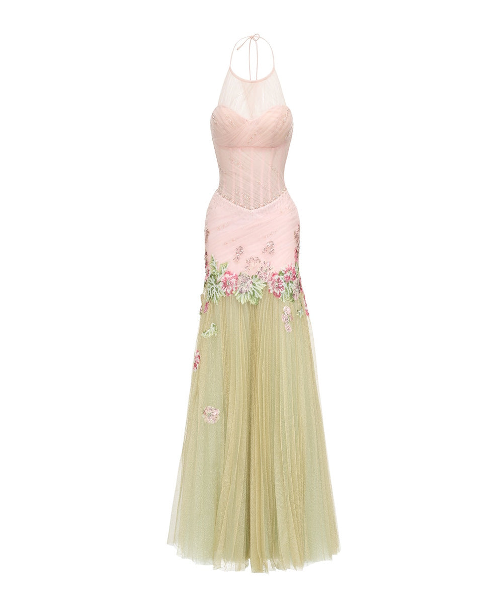 Pink Halter Floral Appliqué Tulle A-Line Formal Evening Gown
