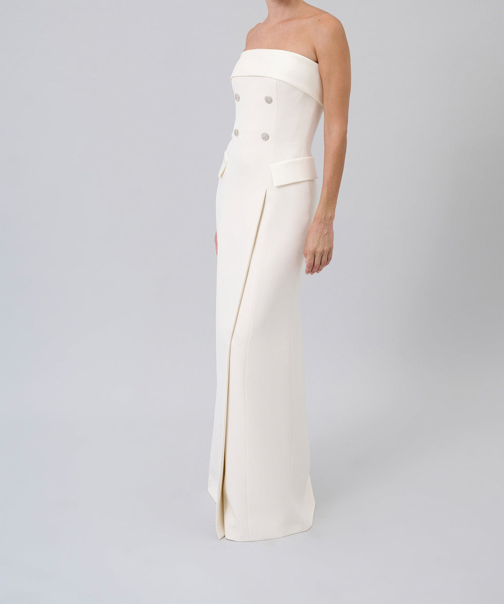 White Strapless Double Breasted Crepe Evening Gown With Crystal Buttons
