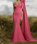 Pink One‑Shoulder Mermaid Evening Gown With Oversized Bow Cape Sash