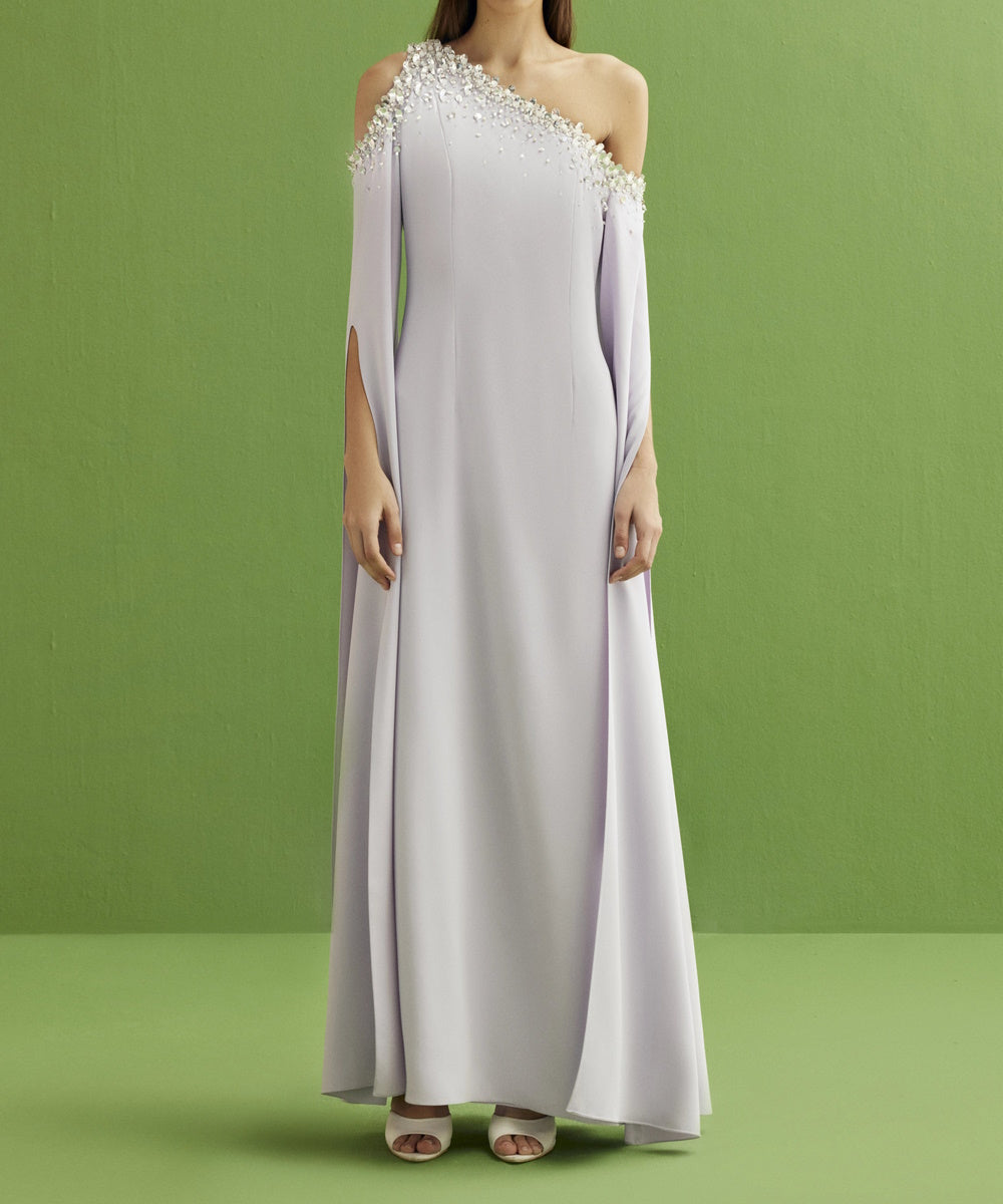 Lavender One-Shoulder Crystal Beaded Split Cape Sleeve Floor-Length Evening Gown