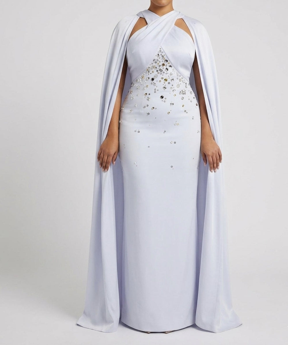 Halter Cape Sleeve Mermaid Evening Gown With Beaded Embellishment