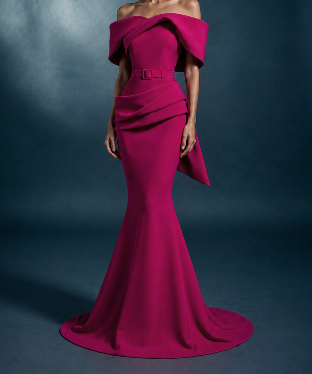Fuchsia Off‑The‑Shoulder Draped Mermaid Evening Gown With Belt & Side Bow Detail
