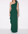 Emerald Green One Shoulder Knotted Crepe Column Evening Gown With Ruffle Detail
