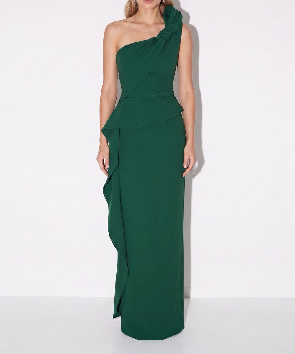 Emerald Green One Shoulder Knotted Crepe Column Evening Gown With Ruffle Detail