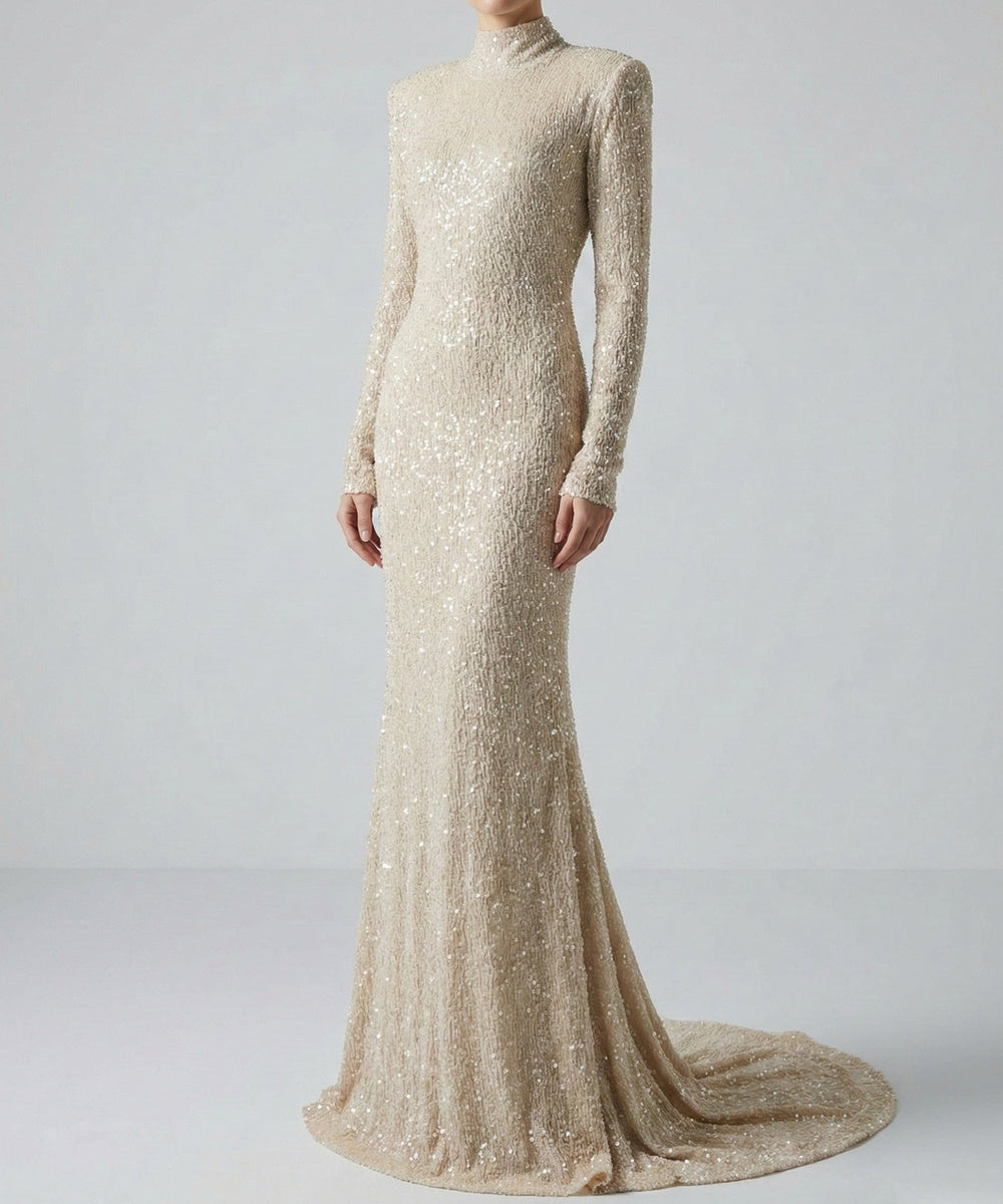 Champagne Sequin High Neck Long Sleeve Mermaid Evening Gown With Train