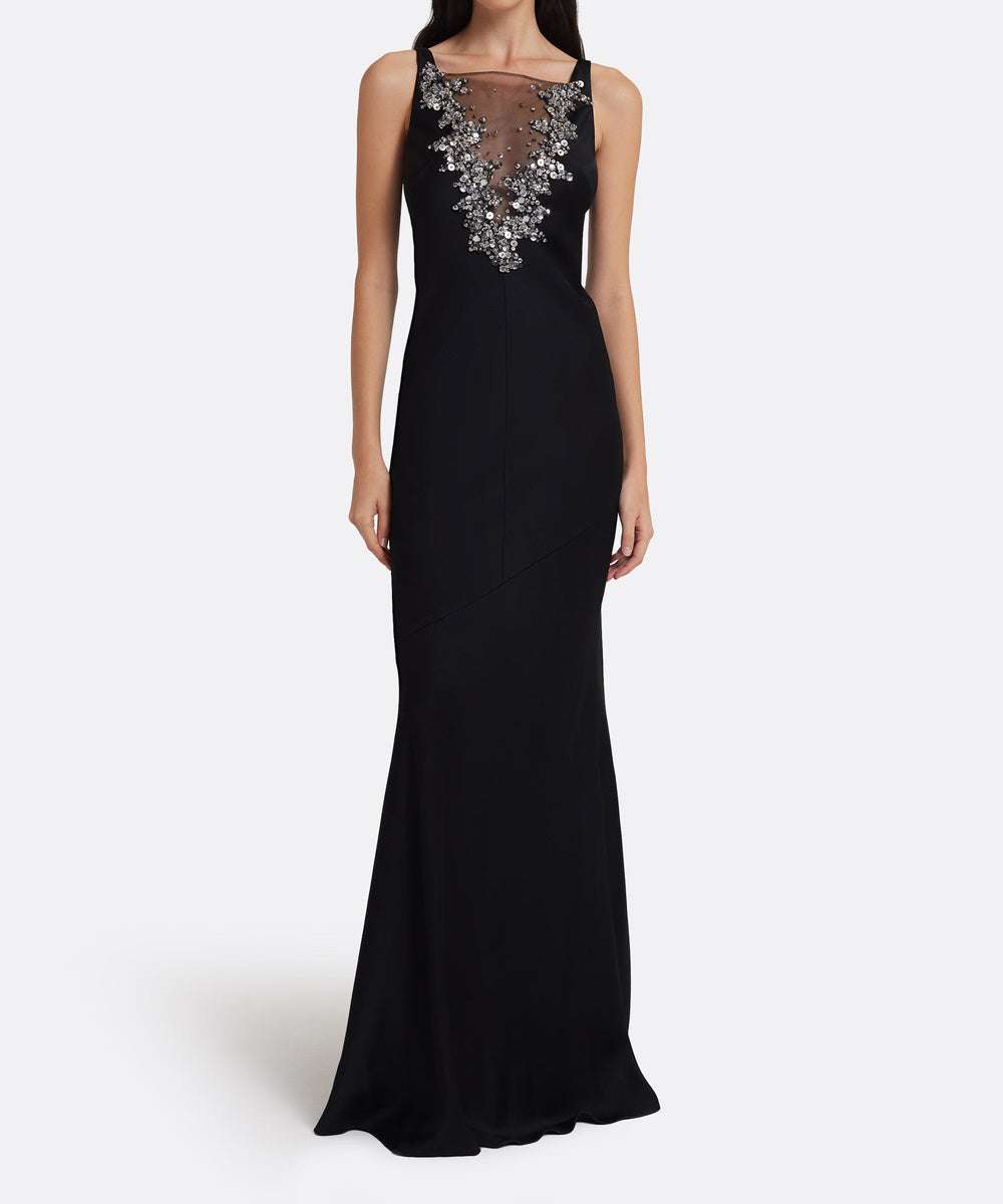 Black Sleeveless Beaded Mesh Illusion Mermaid Satin Evening Gown
