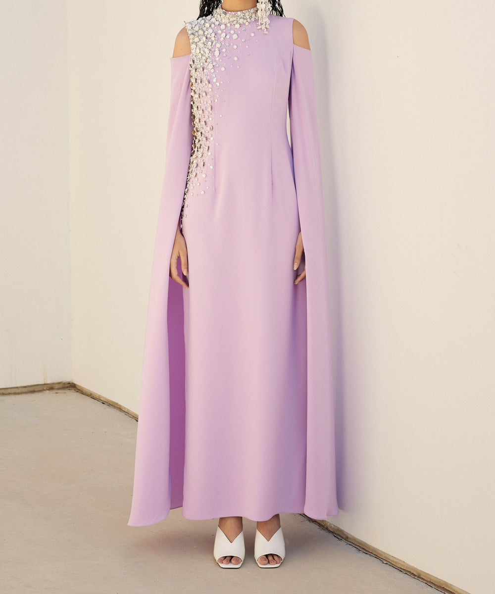 Lavender Cold Shoulder Cape Sleeve Rhinestone Beaded Straight Maxi Evening Dress