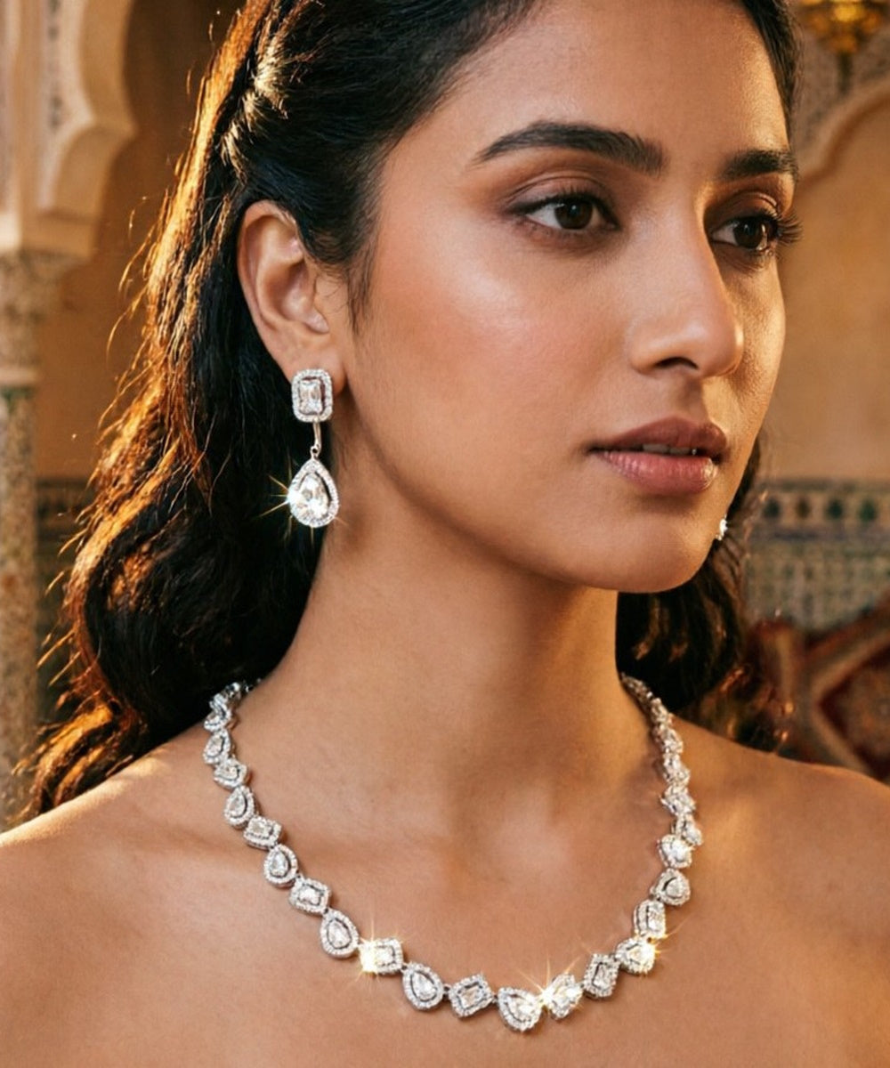 Halo Pear & Rectangle Cubic Zirconia Necklace Drop Earring Jewelry Set 2 Tones Silver Rose Gold