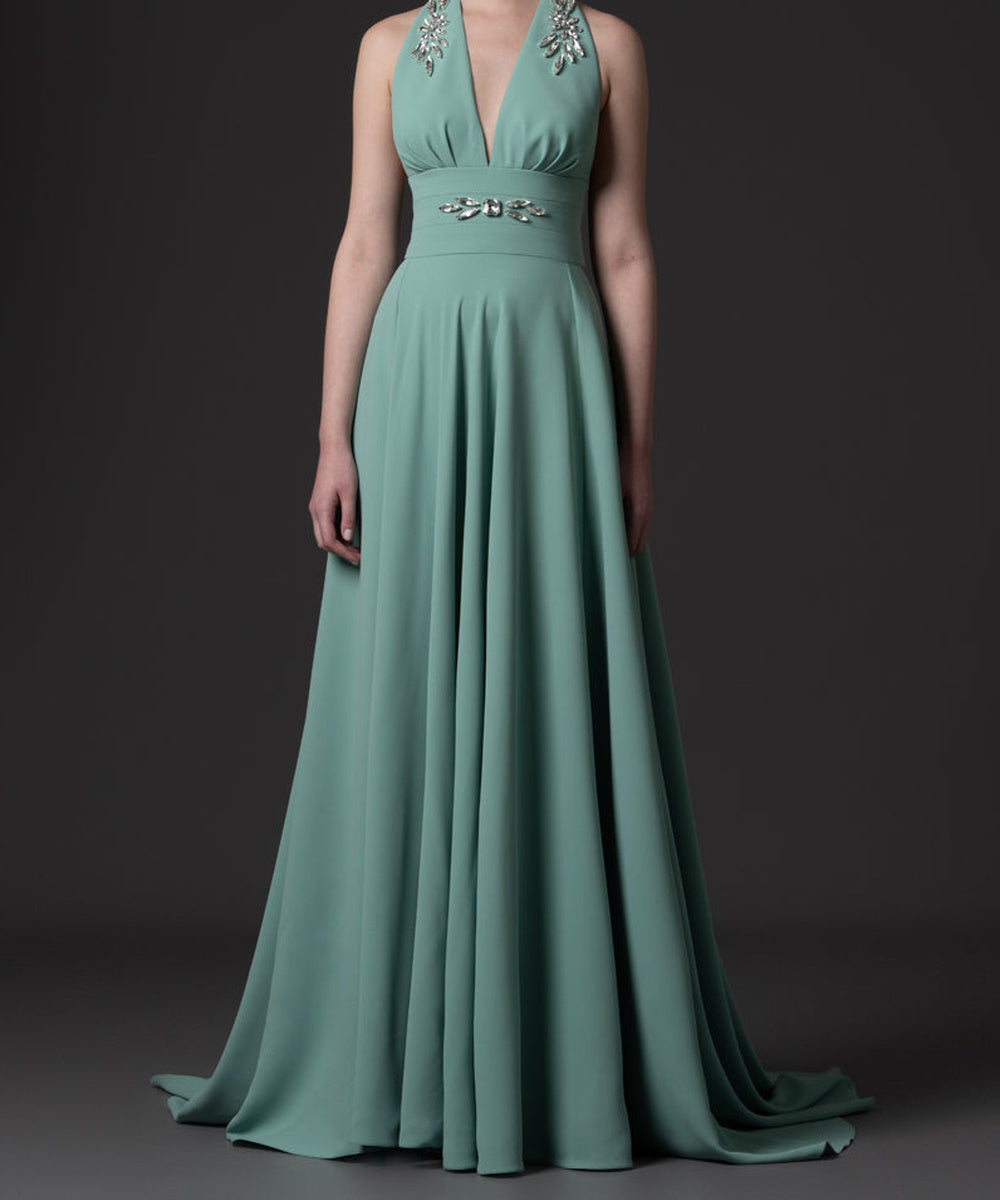 Halter V-Neck Rhinestone Embellished Flowy Chiffon Evening Gown With Train