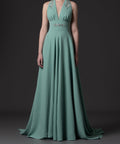 Halter V-Neck Rhinestone Embellished Flowy Chiffon Evening Gown With Train