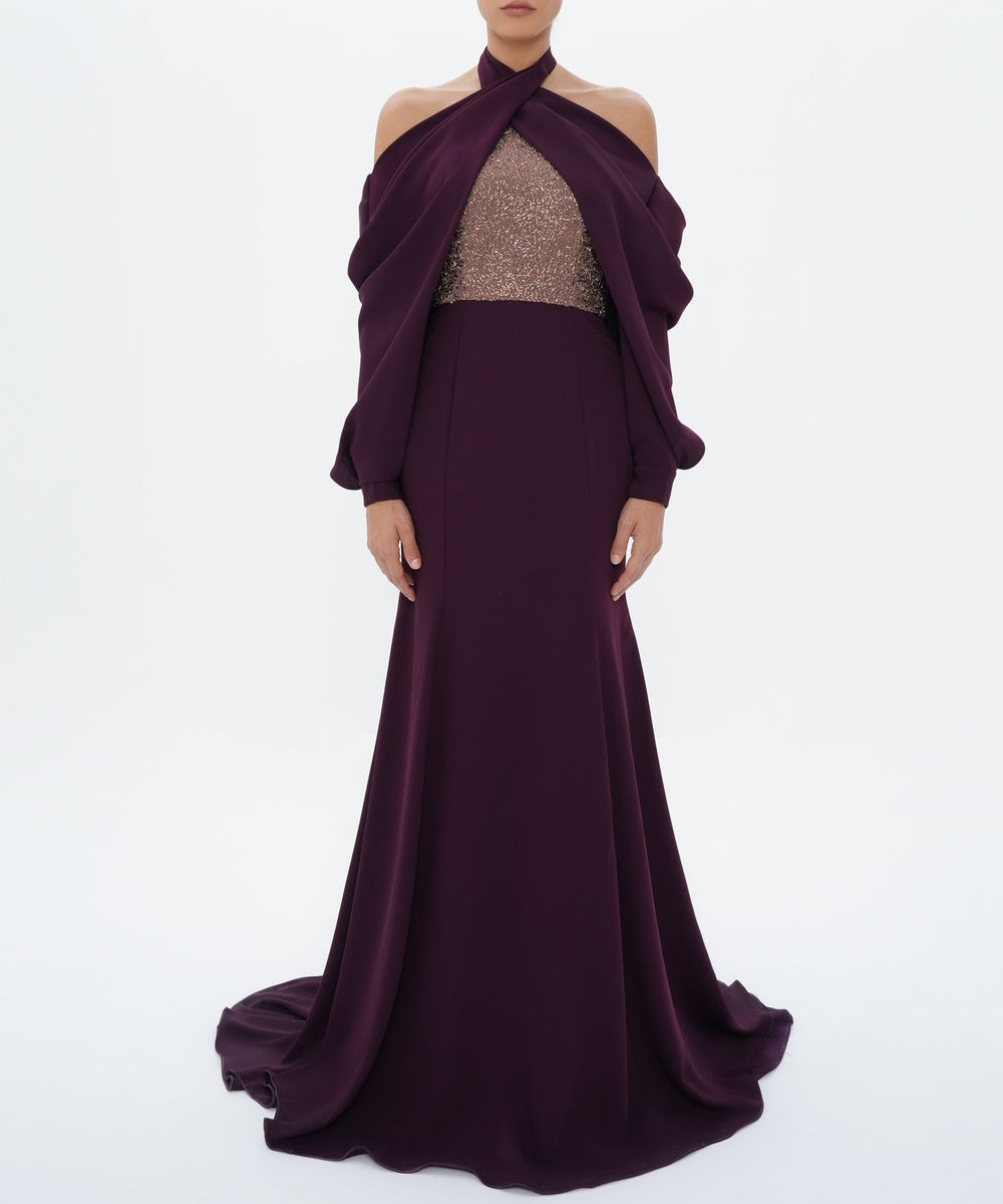 Plum Halter Cross Neck Beaded Panel Draped Long Sleeve Mermaid Evening Gown