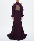 Plum Halter Cross Neck Beaded Panel Draped Long Sleeve Mermaid Evening Gown