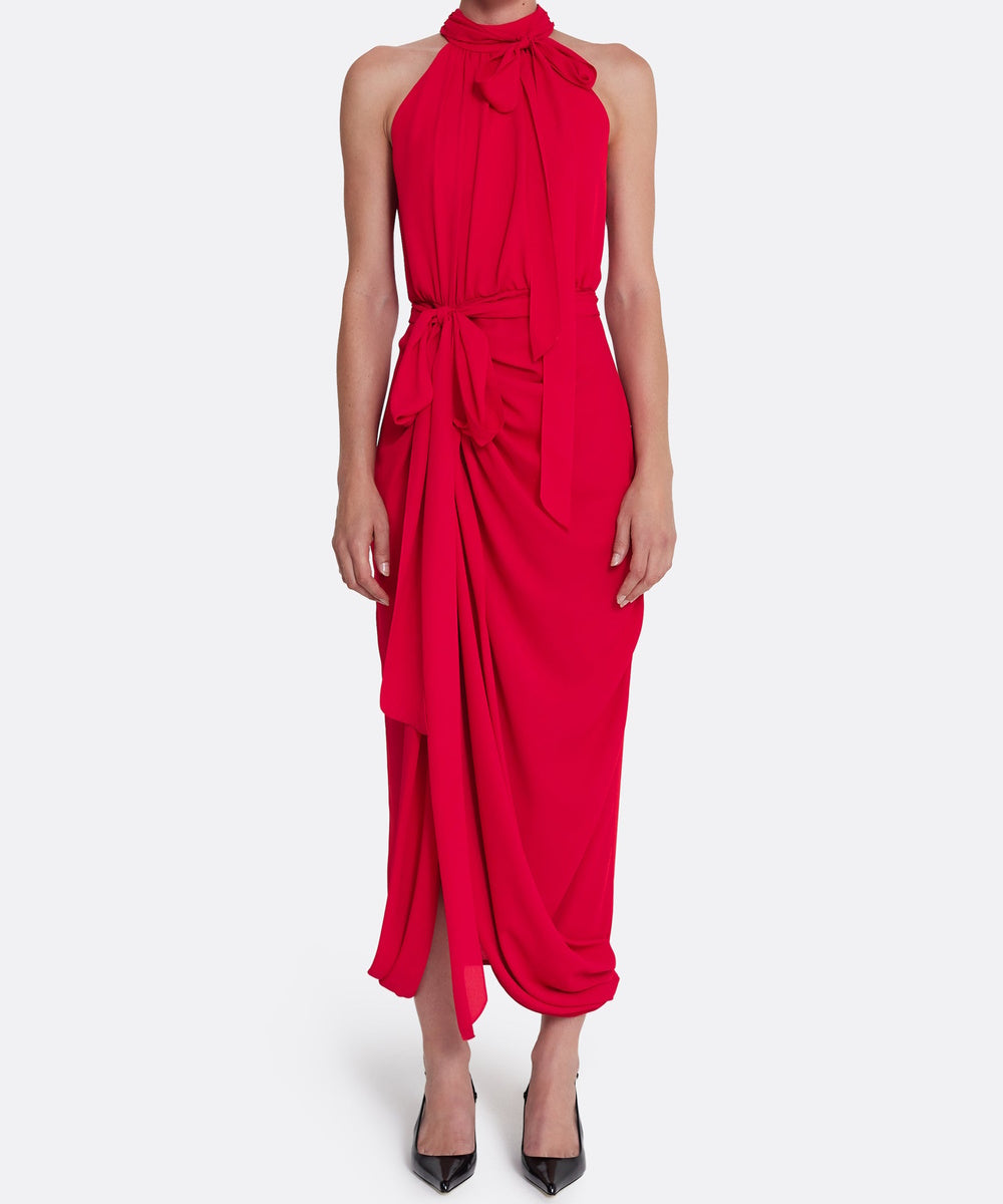 Red Halter Neck Bow Tie Draped Midi Chiffon Cocktail Dress